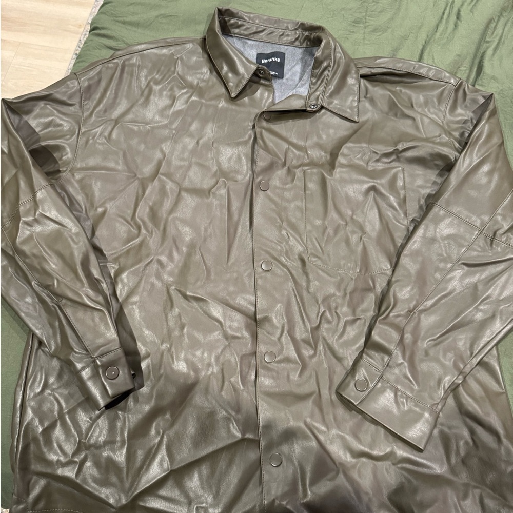 Bershka Olive Faux Leather Coach Jacket - Unisex